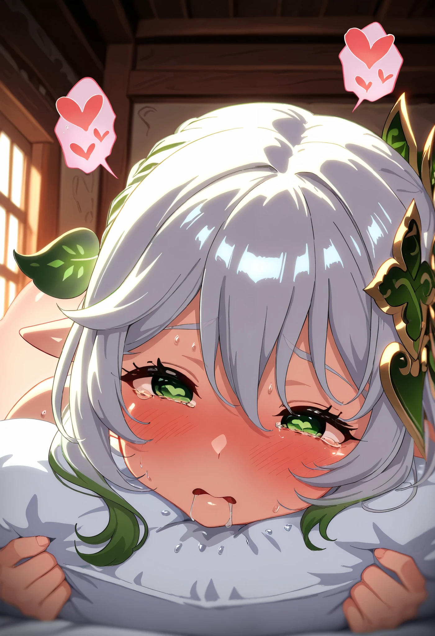 Nahida_(Genshin Impact), big breasts, indoors, lying head on pillow, tearing up, drooling, moaning, blushing, heart speech bubble, dazed eyes, sweaty