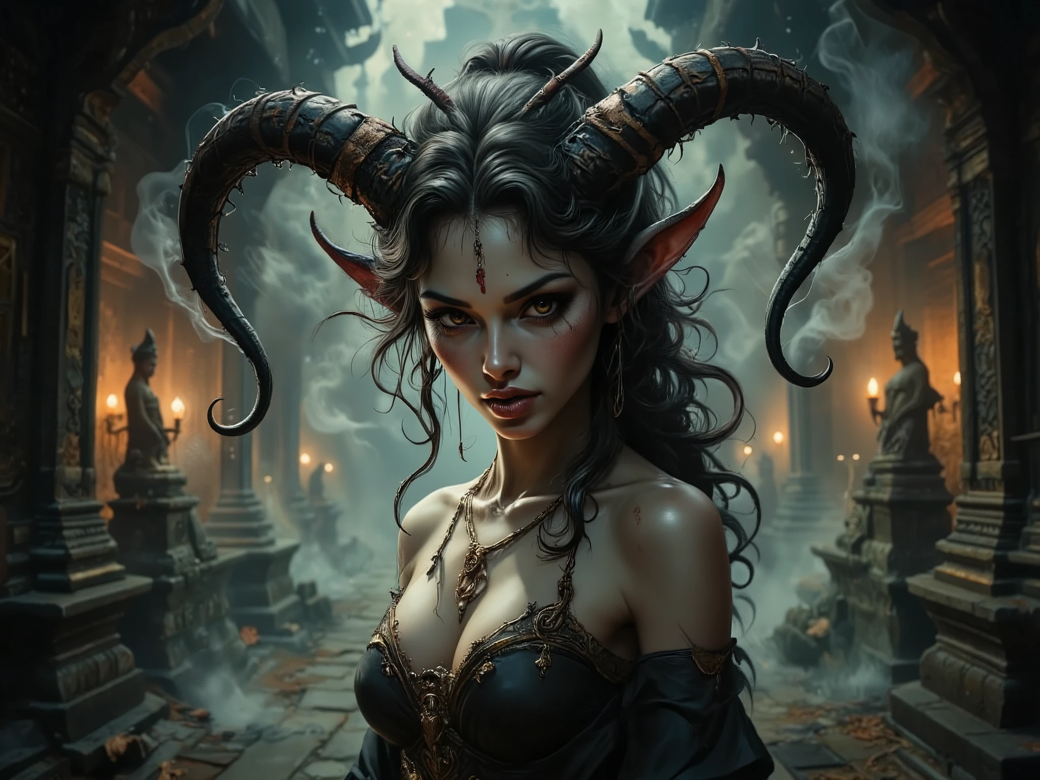 Slender frail sexy  Balinese goddess, in luridly lit temple, Asian Indonesian features, seductive, scary, horror vibe, smoke, very detailedHigh Resolution, Tongue hanging Out, cute Horns, Depth Of Field, Backlighting, fumetto style, Frazetta, Moebius 