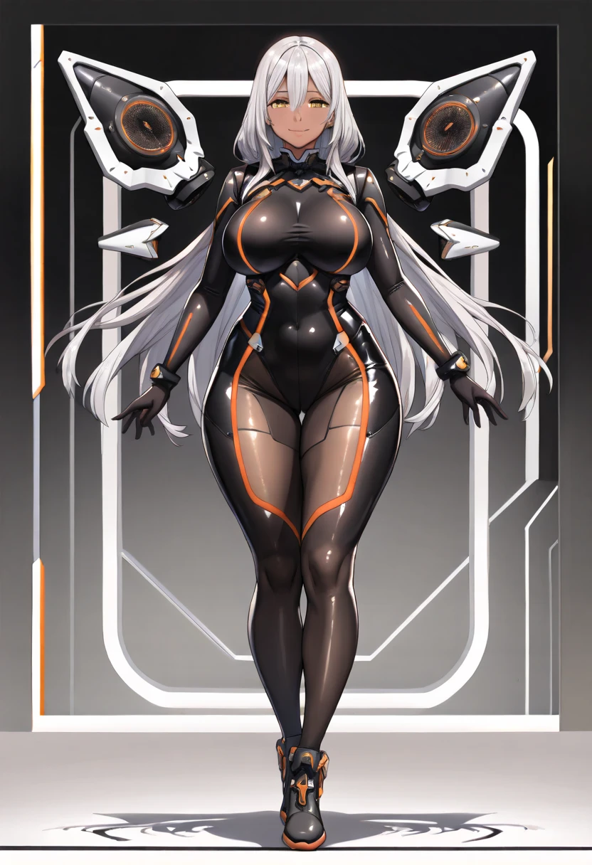 (Best quality,Unbeatable masterpiece:1.4),Ultra-detailed CG 4K,Black metal mech,Single high ponytail,Metal heels,Huge cleavage,Nipple presentation,Long white hair,enchanted,hair covering one eye,smooth thigh,standing with legs apart,in the stars,face to the viewer,Nipple presentation,navel