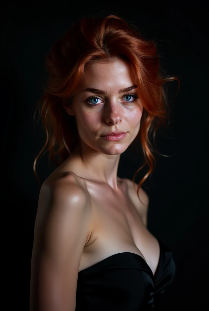 raw photo in UHD RAW format, (taking selfies), (straight half of the torso: 1,0). A 20 year old girl with a bun, natural red hair and blue eyes, parted lips. [ black gown ] [ hyper-realistic texture ], [ hyper-realistic skin texture ], smoky background, low lighting. fine-details, olhos e rosto extremamente symmetrical, extremely detailed, symmetrical, sharp piercing eyes.
