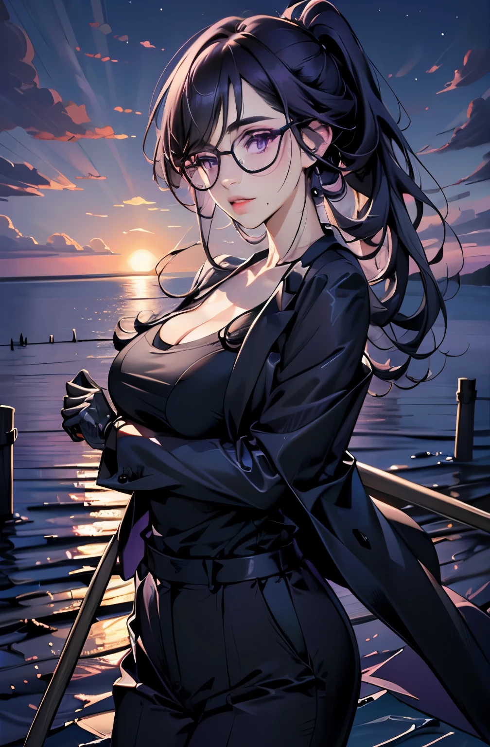 ((( top quality, 4K), (ultra detailed ayes ), ( Masterpiece、 top quality、 very detailed))、 high resolution, hi-res, top quality, Masterpiece, female character , (age:1.0), (nationality:1.2), (Detailed clothing:1.2), ( Accessory:Glasses:1.1), ( expressions:1.2), (Facial shaping:1.3), (Physical build:1.1), (posture:1.2), put a sledgehammer on your shoulder, ( detailed garment texture:1.1), Tsuge , nose, long hair, black hair, purple eyes , ponytail , centered, towards viewers , ( detailed hair :1.2), comic style , Comic Style, ( dark sky on the background :1.1), sunset sky, anime style, ( gloves:1.1), dark suit , (Glasses:1.1), dramatic atmosphere , realistic expression , cartoon-like composition, bright colors , vivid colors, visual expression like a photograph, Ocean on the horizon , sideways, detailed character description , visual impact .)))