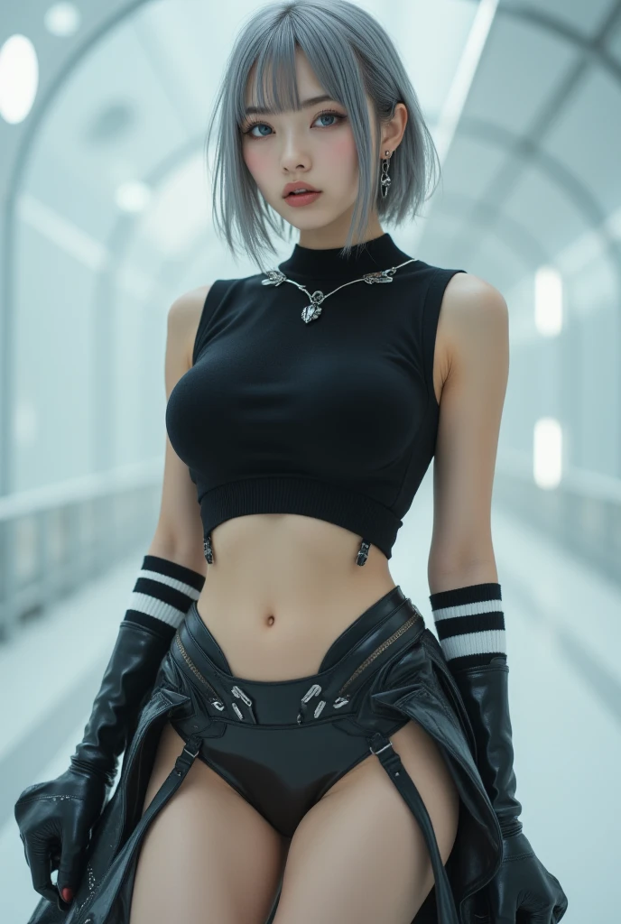 Realistic, High resolution, 1 girl, Gray Hair, Korean, blue eyes, White sexy shirt, Revealing tight black shorts, Thick thighs, crop top sexy