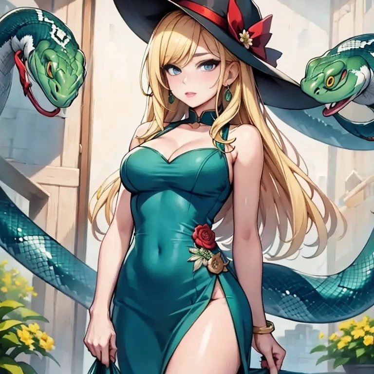 (masterpiece, best quality:1.2), 美しい女性、ドレス、蛇、Hats worn by women、金髪、
