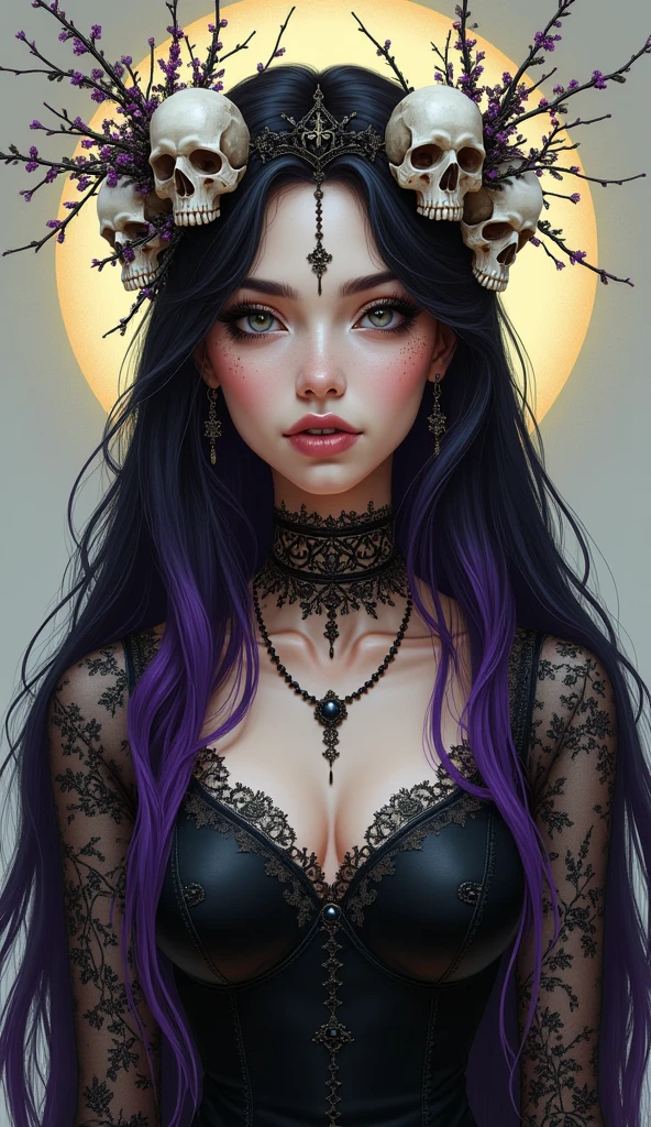 Create an extravagant full-body portrayal of a woman in Gothic style, emphasizing the "woman" theme. The design should feature Gothic elements such as lace, ribbons, and Victorian details, presenting an elegant and intricate style. Use a color palette of black, white, and pastels to capture the unique Gothic aesthetic. The design must stand out, with the woman centered in the image against a white background. It should fit well in the room, make sure it does not touch the edges of the canvas. The image must not contain any Yakuza Tattoos 