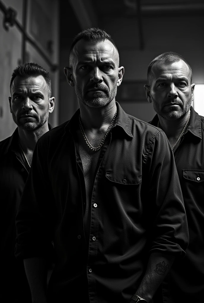 into the gritty world of 90s Russia with our latest photograph: Russian gangsters against the backdrop of old garages. This image exudes realism, transporting you to a time when the '90s style was lawless. The photograph captures genuine thugs embodying the spirit of that era. Their appearance, attire, and mannerisms infuse this picture with hyper-atmospheric vibes. They loom over the old garages in a way that suggests territorial protection. The grimaces on the gangsters' faces and their distinctive gestures create an indescribable atmosphere of the times when the streets were ruled by bandits. This photograph is steeped in the essence of reality, allowing us to peer into the past and comprehend what this world was like. Complete your journey through time and feel the rhythm of '90s street life with our photograph of Russian gangsters against the backdrop of old garages. It's a genuine portal to the past that enables you to immerse yourself in this incredibly stylish and realistic world