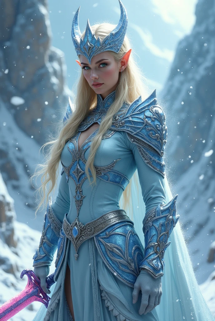 (masterpiece, photorealistic:1.4, extremely intricate:1.6), (photon mapping, radiosity, physically based rendering, ultra resolution, hyper-realistic, photorealistic:1.4, hyper-realistic, 8K, dtx), ((twentyfive elf female [bodybuilder:supermodel:0.2], (elven girl, delicate pure white diamond crystal armor, filigree, etched, iridescent white cloak, wind, windy, [small breasts:medium breasts:0.4], long straight [blonde hair:purple hair:0.8]), [iceblue eyes:green eyes:0.9])), outside, snowy mountain trail, outdoors, winter, cold, snow, Fantasy