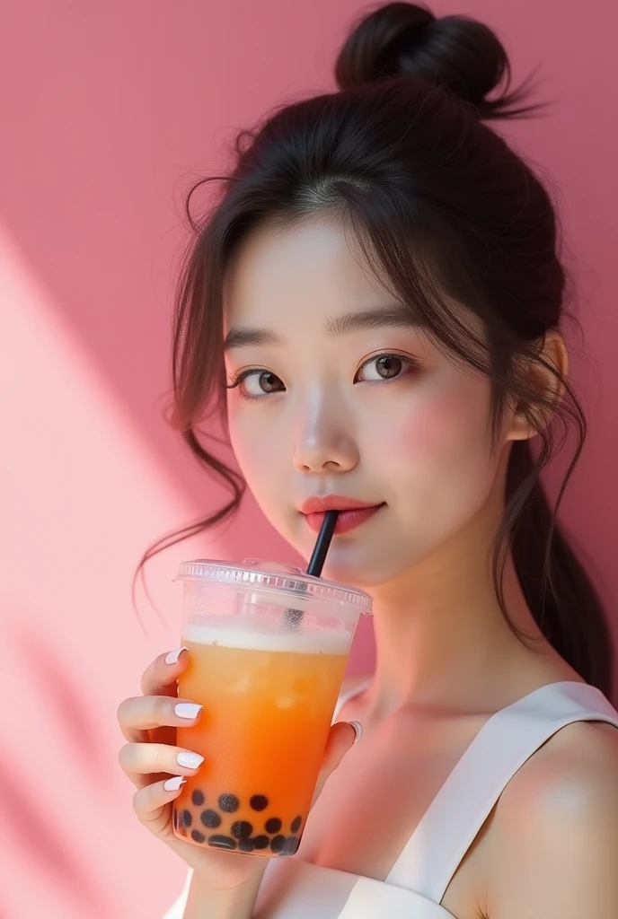 Exquisite lighting, focus stacking, Surreal, 8k,Black lining, long, Whitening of inner corners of eyelashes, Pink blush black lipstick, arched eyebrows, Leather Perforation, Diaphragm, Large pink hoop ears,  black long pink nails, Black and pink nails, Holding a pink Starbucks cup, Tattoo, neck, winter background, Bokeh, Soft Focus,