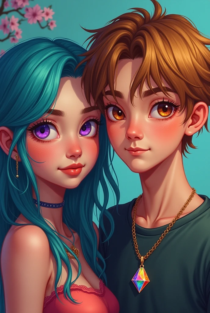 Um casal em um reino encantado homem com a barba verde e cabelo arrepiado azul. Mulher com olhos verdes e cabelos negros