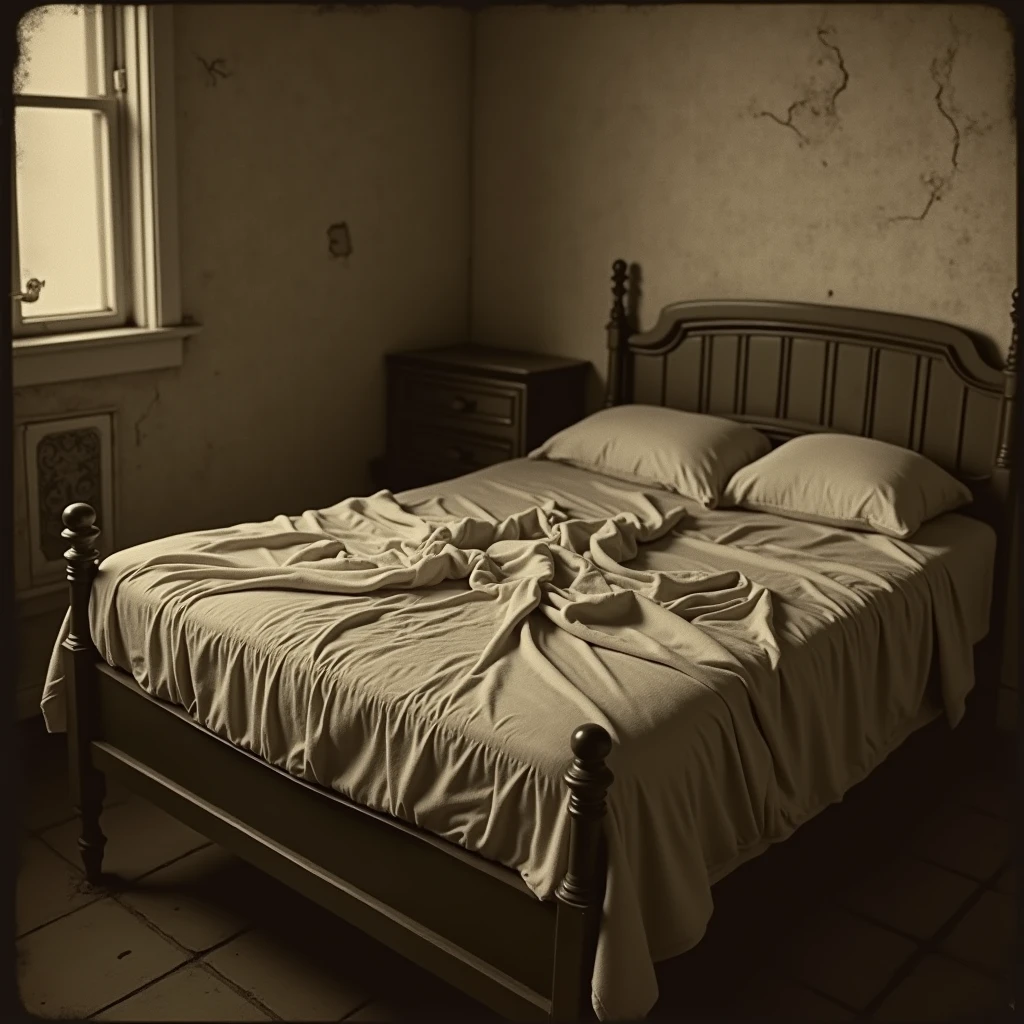 Make a dirty room background with a mirror facing the bed