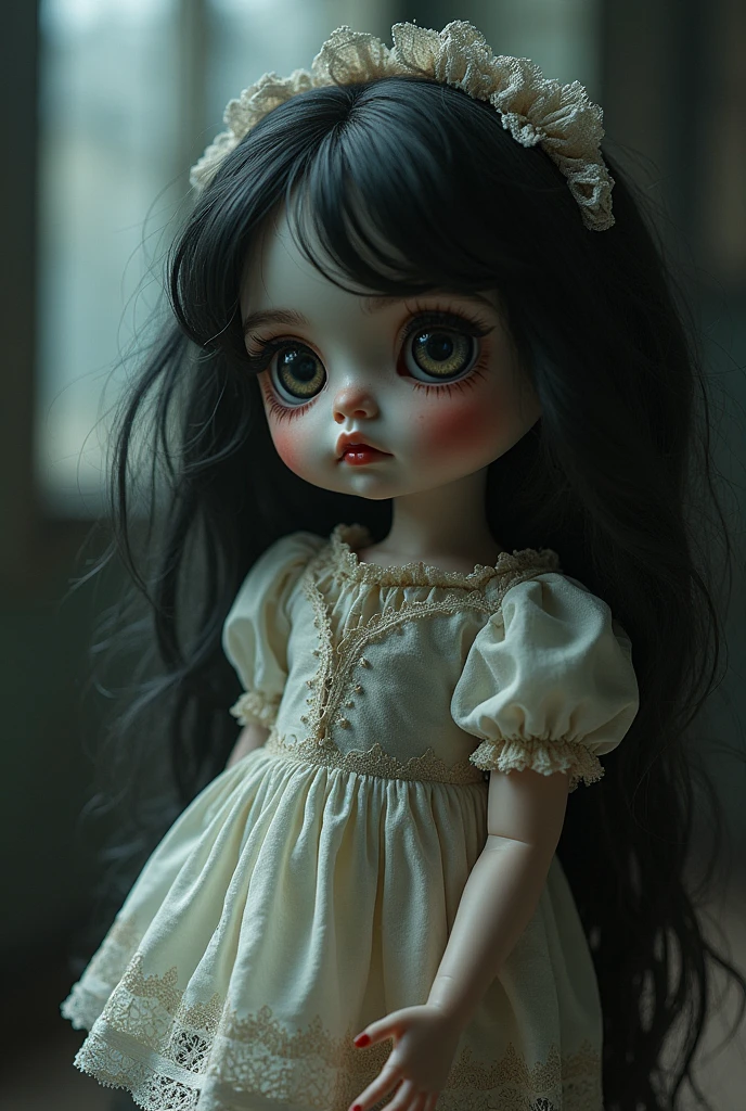 Creepy doll, horror, old doll, black eyes, made of porcelain, 50s fashion clothes