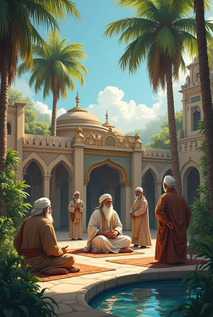 Create a meaningful picture with Muslim,Hindu,Christian and Buddhist people all together helping each others praying places 