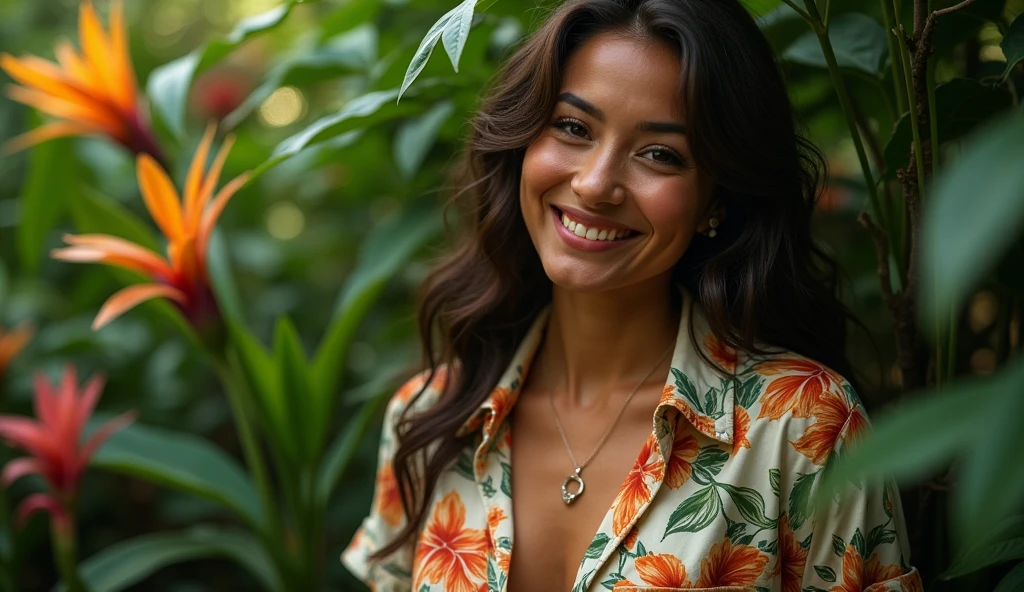 A Brazilian woman in a lush tropical garden, wearing an open shirt with a floral print, with a close-up capturing the harmonious beauty between her breasts and the natural flowers, showing off your natural charm and outgoing personality.