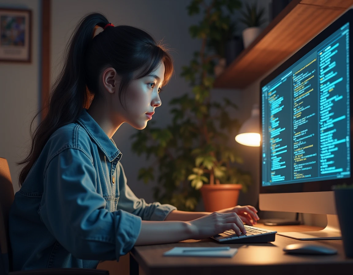 Girl with computer and their must be a tile as programming - SeaArt AI