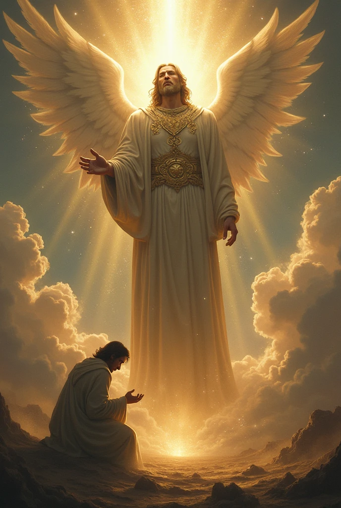 A man kneeling in front of an angel with a horn 
