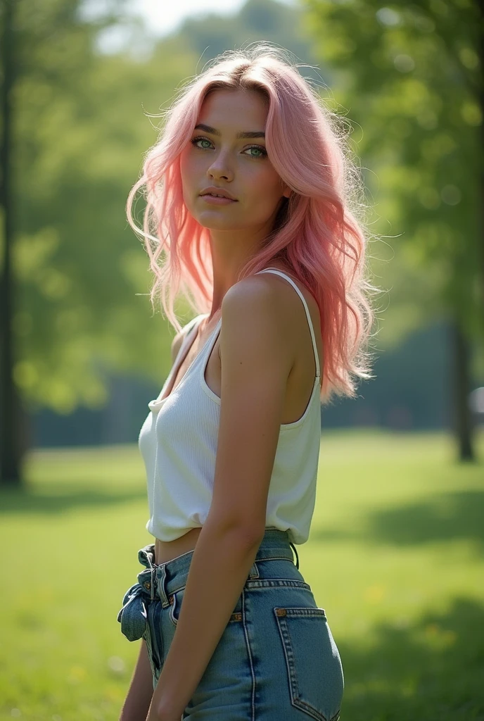 Very attractive 25 year old caucasian female with long wavy bright pink hair, wearing shorts, t-shire, bare midriff, posing next to a tree in Tanzania, at sunrise, photo quality