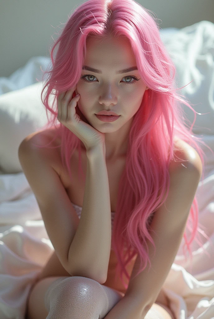 Very attractive 25 year old with long bright pink hair, lying in bed, naked covered with a silk sheet, bed hair, slight smile,