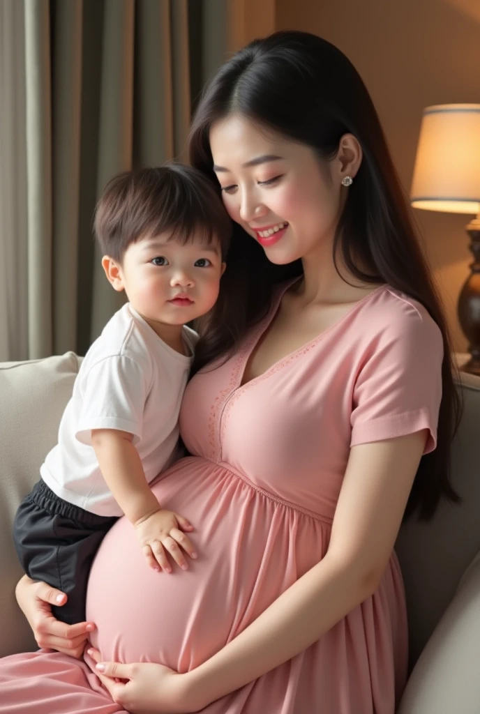 The highest image quality，8K, )，(Mother and daughter together:1.7) 1girll，Grab by hand，hug，(ars old girl:1.5)，(1girl in)，((35-year-old mother))，  (mother's breasts are large:1.2)，ssmile,In the living room