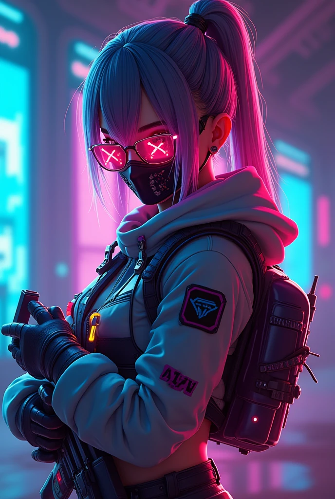  Concept Design :  Free Fire — İrem Profile Photo
 Theme :  Sweet but strong ,  a glowing design with neon lights .
 character:  A female warrior character in the style of Free Fire .  There may be a slight anime vibe .
  Colors : blue,  A vibrant look with neon shades of pink and yellow .
 weapon: } An AK-47 with glowing neon detail in hand . weaponın üstünde pembe-mavi desenler olabilir.
 mask :  A mask with an LED pattern to add a slightly rebellious air  (For example,  A smiley face or digital effects ).
  Effects : Neon Free Fire logo on the back or gamer-style lights .
 Small sparks and glare effects ,  to give a feeling of movement .
characterin gözlerinde parlak ışık efekti,  Recommendations for Creating a Photo for a powerful and remarkable air .