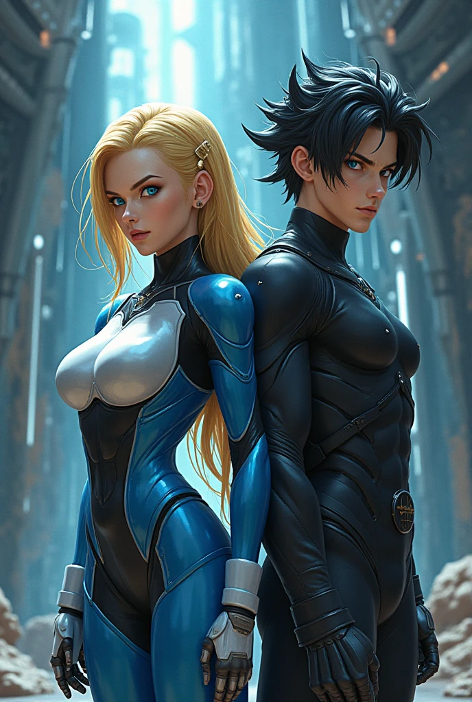 A beautiful and powerful heroine who is protecting a big city and her partner a powerful hero are looking for a super villain keeping the peace for all mankind, 1 heroine, 1 hero, daylight, lightning light, fancy buildings under them, high definition, Ultra Quality, 8k, masterpiece, intricate details, volumetric light, dynamic compositing, HQ comics style