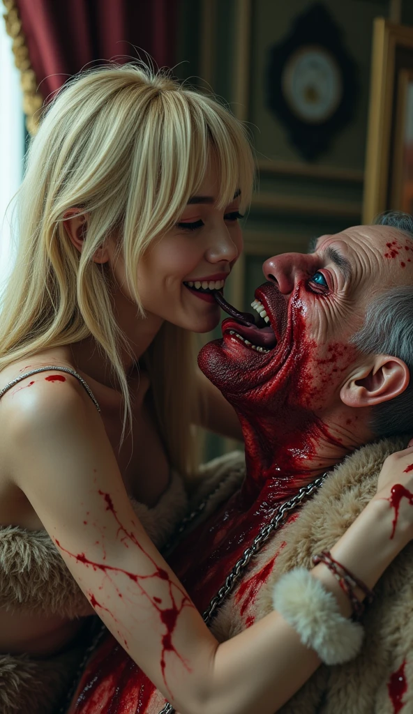 (((photorealistic:1.4))), ultra realistic, pores, (((masterpiece))),high quality, ultra details, realistic white skin beautiful smiling face pretty korean idol adult woman showing very long sharp claws black fingernails with cat tattoo, beautiful long legs, nude, naked, long red hair, humping on ugly rich old man with throat ripped, blood splatter, deep cuts and wound, wearing no cloth with old legs, sex pose, in te airplane cabin, beautiful night, people arround,