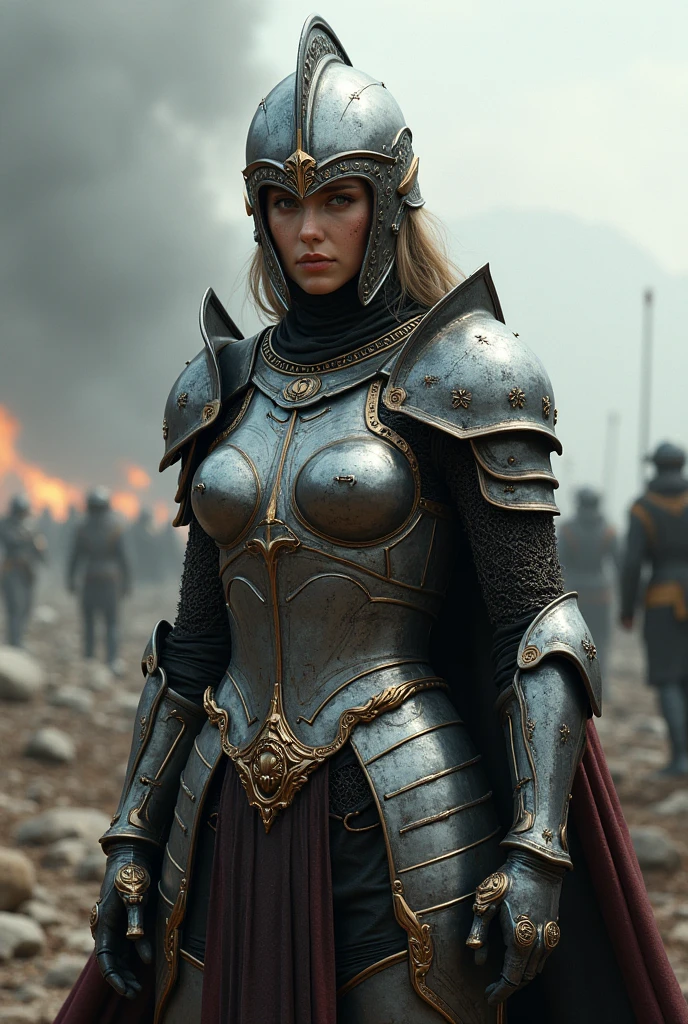 Woman wearing silver armor with chainmail underneath , greeneyes , calm countenance .