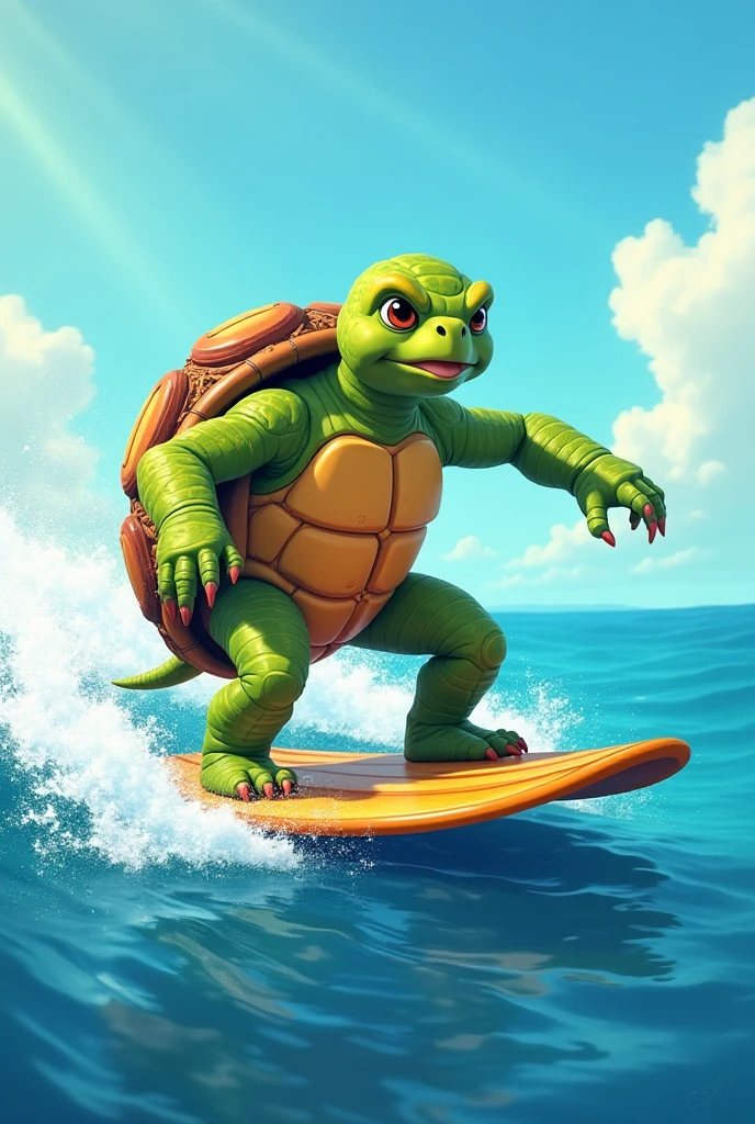 dnd, dungeons and dragons, tortle, druid, sea turtle, hippie, stoner, solo, single person, bluish green skin, bald, turquoise eyes, handsome, male, fat, cartoon, sunglasses, smiling, seaweed robes, smoking a joint, surfing a wave, ((masterpiece, best quality)), trending artwork