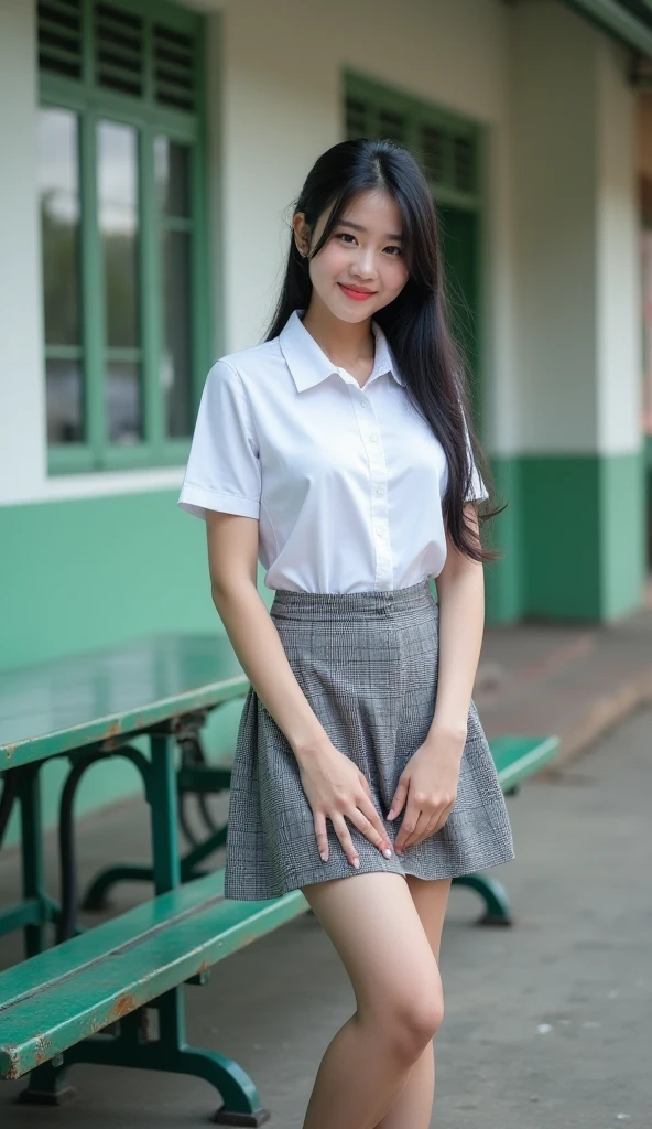 Real photos High-quality Realistic of Chinese woman, Beautiful girl (((large  , big  , ))) , Best Quality, 20 years old thai girl in a school uniform astanding near a green metal table,  She is wearing a white shirt(((large  , big  , )), a plaid skirt and her Pull the hem of her skirt up high, and black shoes. Her long black hair is pulled back in a ponytail. She is looking directly at the camera with a playful smile. The table and bench are outdoors, and the background is a school building. [Digital art, portrait style, soft focus, muted colors, natural lighting, slight vignette effect]