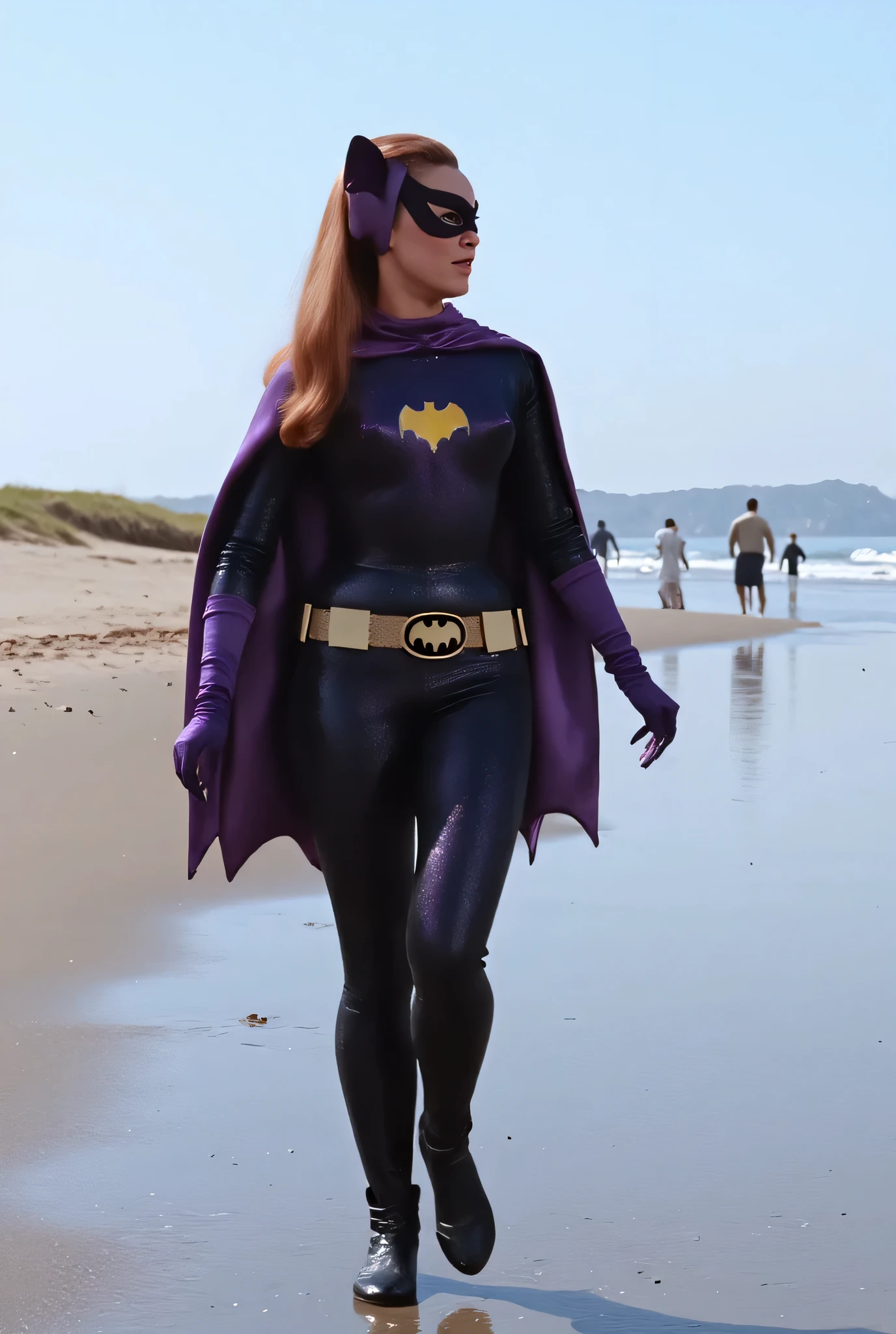 Wet, humid, soaked. Ultrarealistic, 4K, high resolution. NSFW. Perfect body woman. Luxurious detailed. Young woman, tall blonde very long hair, hairstyle ponytail, spectacular hourglass body, small waist, low big teardrop breasts, perfect legs. Wearing tight full body plain polyester shiny black catsuit front zipper wide open, showing off amply her bust. Plunging neckline very low. Using tight high-heels boots. Walking along a empty beach. Cocky Expression. Looking to the left side.