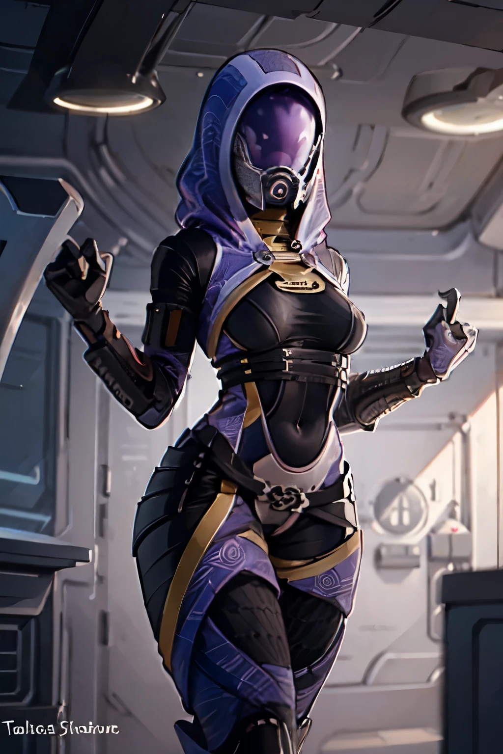tali, 1 girl, One, hood, purple bodysuit, a mask, (helmet, impersonal), hood up, stranger, Lying on his back, legs bent, legs spread in different directions, hands tied with rope at the wrists,hands above head, camera from above