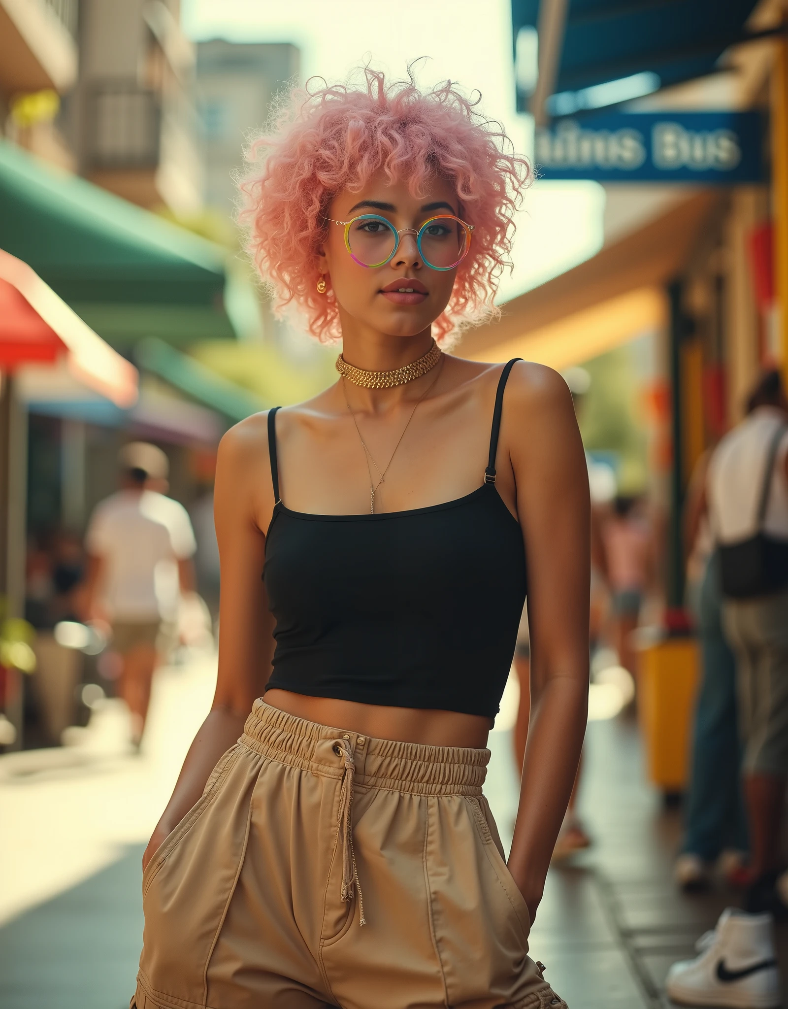 professional photography of a striking young woman, 22 years old, with a radiant Brazilian appearance. She has short, curly hair dyed a soft pink, complementing her warm, parda complexion. Her dark eyes add depth to her relaxed and introspective expression, and her full lips subtly enhance her natural beauty. Her outfit is casual yet stylish: a black spaghetti-strap top paired with beige cargo pants that fit her form perfectly, accentuating her silhouette. She completes the look with white high-top Nike sneakers and round glasses with colorful frames, adding a playful and modern touch. The model stands outdoors in a bustling urban setting, her body relaxed, with her hips slightly tilted to one side. Her gaze is distant, as if she's observing something far away. Nearby, a bus stop sign adds context to the scene, suggesting she’s patiently waiting for public transportation. The backdrop captures the vibrancy of a large city during a summer afternoon. Bright and lively colors dominate, with the golden hues of sunlight casting soft, natural shadows. The lighting emphasizes the warmth of the scene, creating a harmonious balance between the vivid tones of the environment and the subtle yet expressive style of the model. The deep shadows add depth, while the overall composition feels authentic and dynamic.