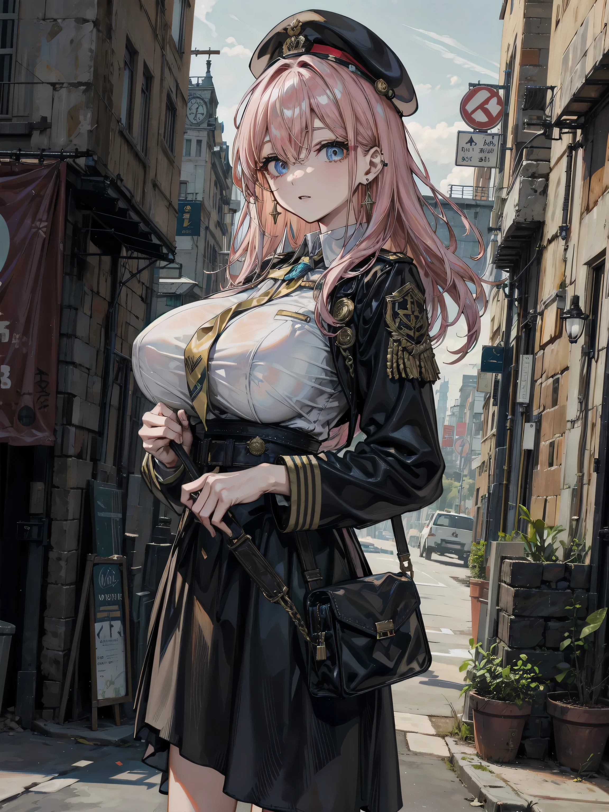 Highest quality, masterpiece, Ultra-high resolution,, RAW Photos, One girl, Off the shoulder,police,Have a bad face,Pink Hair,Outstanding proportions,sexy,