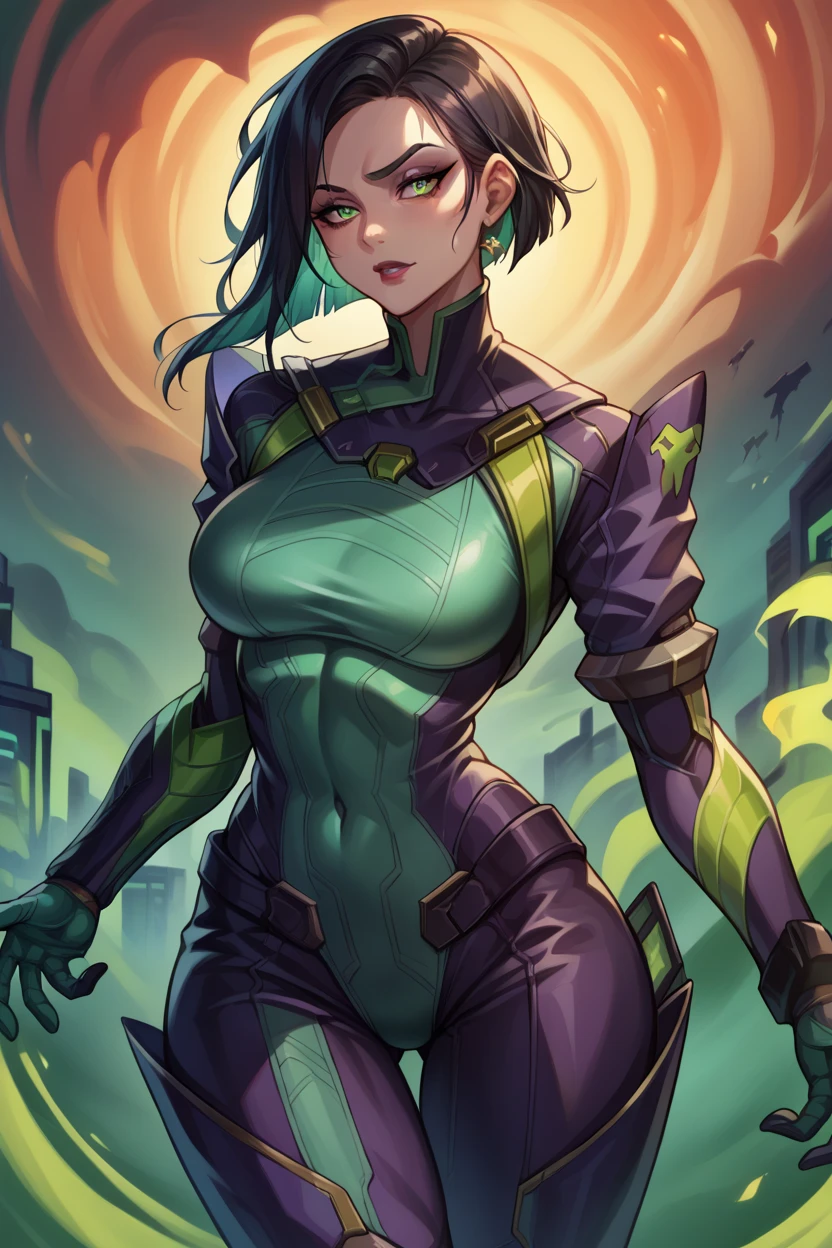 Image 16k,FHD, style [Anime|cartoon], [Woman|black clothing with white parts|maid| Batman| Spider-Man], short purple hair, (((green eyes)))), looking at the viewer, smile, holding futuristic weapons, futuristic city, heavy rain, wet body.