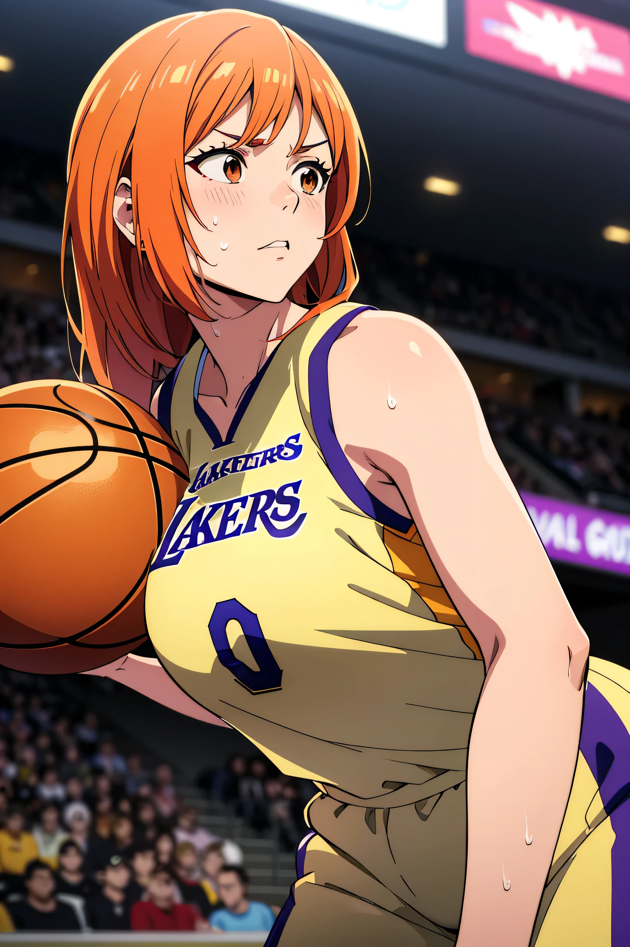 wearing a yellow Los Angeles Lakers basketball jersey.
• She has long, orange hair, and her brown eyes stand out against her fair skin.
• Her face and body are covered in sweat, and she appears to be in an intense moment, possibly after physical activity.
• The setting appears to be an indoor basketball court or arena, with bright lights and a blurred background.
Location of Elements:
• The woman is positioned in the foreground, taking up most of the frame.
• Her face is tilted slightly upward, and she has a somewhat determined or exhausted expression.
• The Los Angeles Lakers logo is prominently displayed on her jersey.
• Bright lights in the top-left corner and reflections suggest a stadium or sports setting.
Additional Details:
• The sweat droplets are carefully illustrated, emphasizing heat, effort, or intensity.
• Her hair has strands falling over her face, adding to the dramatic, immersive feel of the scene.
• The lighting has a warm, golden glow, which could symbolize stadium lights or sunset lighting.
• The art style is highly detailed, with shading, reflections, and smooth color gradients. Big boobs, bigger sweets boobs,