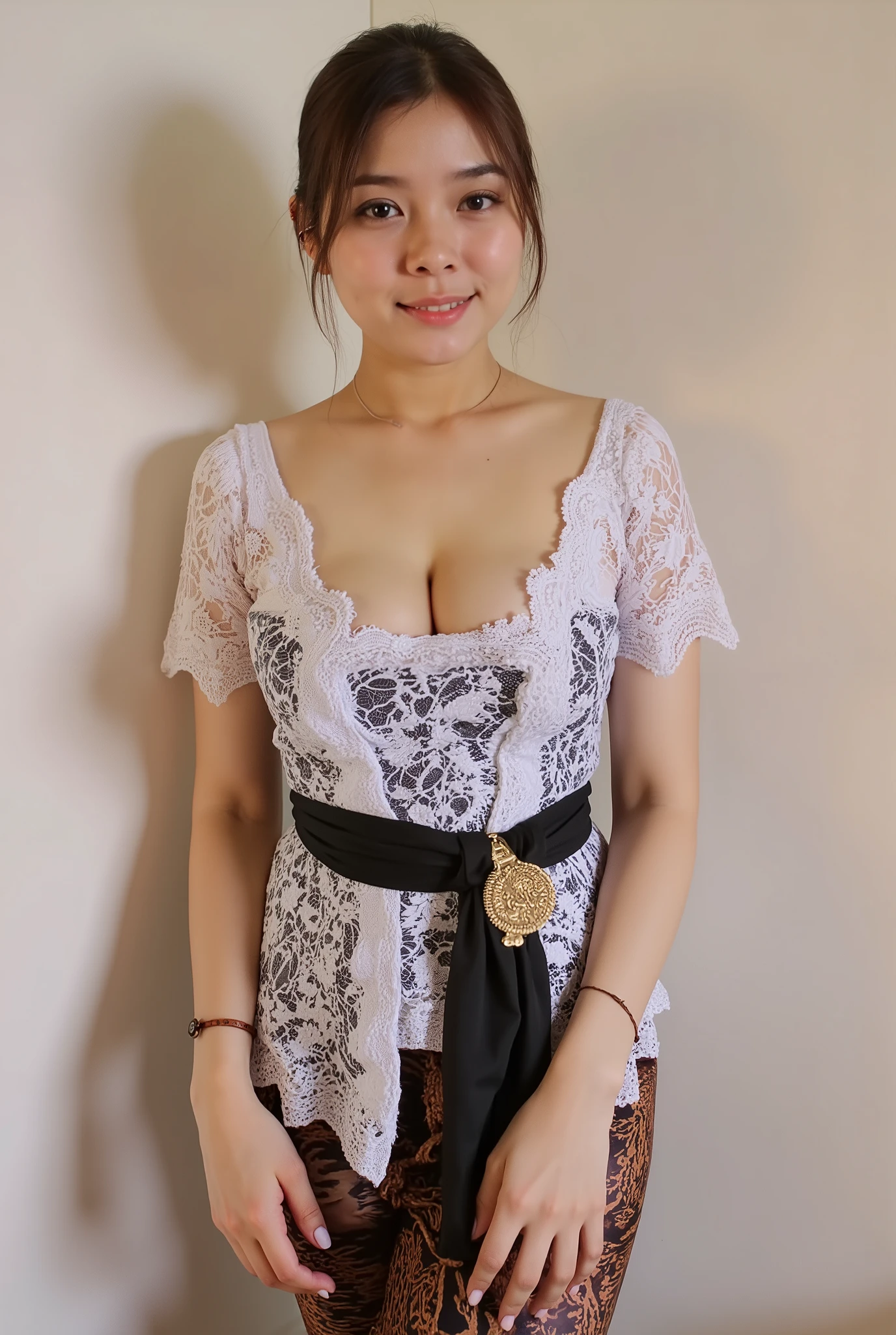 A beautiful and charming Indonesian maid who is cleaning the bathroom is wearing leggings, (( charming camel toe detail:1.3)),Micro T String , ( bold and exaggerated streamlined skirt ), (Black and white fabric :1.4), lace tulle maid outfit :1.2, beautiful round chest , Protruding nipples ,Wearing thong panties , ( ( Alphonse Mucha ) clean line pattern 1 .5), ( shows off your round hips ), Smile:1.3 ,Her lower body hair is revealed from the side of her panties, big breast (1:1.3)