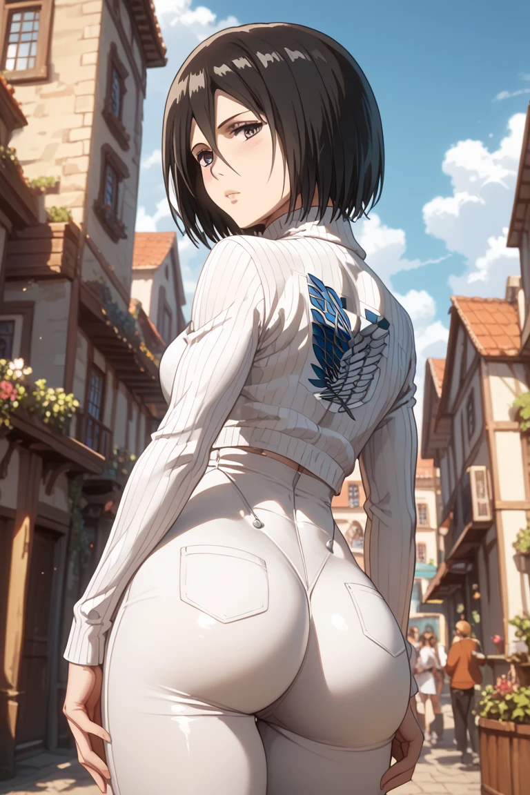 Mikasa, wearing tight white dress  ,from the back looking back  , high resolution sweatshirt,  style ,  detailed eyes,The best quality ,  tall details ,  high quality, senos medianos,  masterpiece,  backwards posing as a model, Perfect Round Butt 