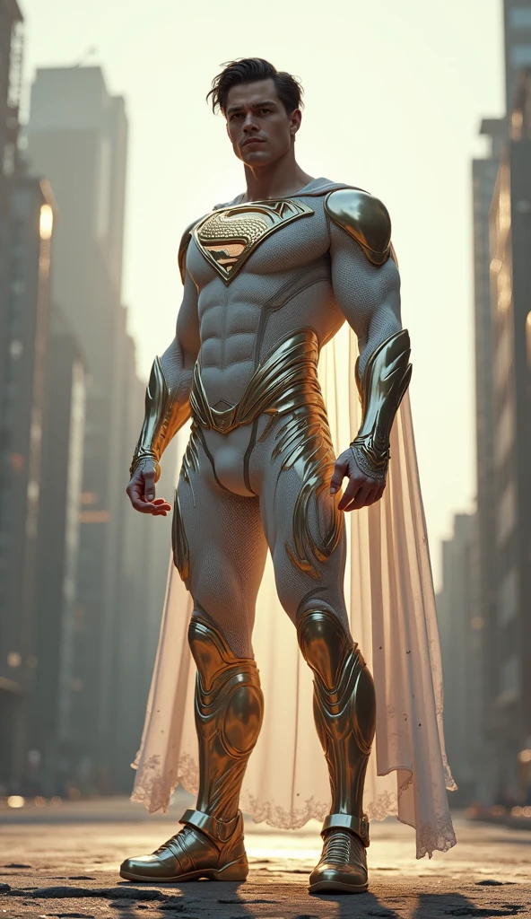 1. Generate a 3D render of a superhero dressed in a pristine white suit super man S logo in chest centre position adorned with ornate, gothic-style reliefs made of gold and marble. The superhero stands confidently in the middle of a city street, surrounded by the smoky aftermath of a demolished cityscape. The scene is illuminated by scattered beams of light.
2. Create a 3D visualization of a heroic figure clad in a white costume embellished with intricate gothic motifs, executed in luxurious gold and marble. This superhero is positioned amidst the rubble-strewn streets of a devastated urban environment, enveloped in a haze of smoke and punctuated by scattered beams of light.
3. Render a 3D image portraying a superhero donned in a pristine white suit, richly decorated with gothic-style reliefs featuring opulent gold and marble elements. The heroic figure stands resolutely within a city street that has crumbled into ruins, shrouded in an ethereal mist of smoke and illuminated by sporadic beams of light.
Feel free to use these prompts with your Stable Diffusion AI to generate your desired 3D render based on the description.