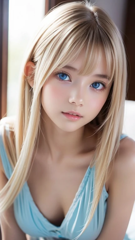 最hightquality、(((full body Esbian)))、(((Leotard)))、((Large chest))、(((lying on one's side on bed)))、(((Walking on all fours)))、Soft light、Hair color that changes depending on the light、(depth of fields)、超hight resolution、((Photorealsitic:1.4))、Raw photography、Ambient Occlusion、((sixteen years old))、((a small face))、ren、1girl in, (Shining platinum blonde hair:1)独奏, (Smirking expression:1.2), (bright light blue eyes,catchlight), Fine white skin, Tube Top、(excellent、masterpiece)、Harmonious facial features、masterpiece, ((The highest image quality)), hightquality, beautiful blonde girl, white high school girl, detaileds, detailedsな皮膚, super long silky hair、long back hair that clings to the body、bangs between the eyes、 ((A hyper-realistic)), (illustratio), (hight resolution), (8K), (非常にdetaileds), (最高のillustratio), (美しくdetailedsな目), (超detaileds), (wall-paper), (detaileds顔), looking at the viewers, finely detail、detailedsな顔、pureerosfaceace_v1、Looking straight ahead、photos realistic、Bright lighting、profetional lighting、 (((Petite, Little, Big, skinny))),Gloss Face、cheek highlights、Teak Gloss