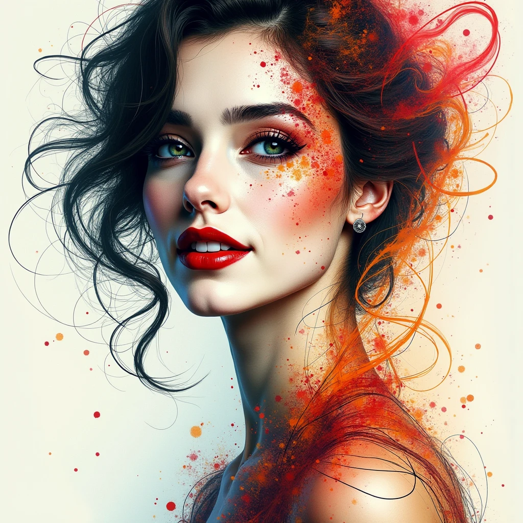 INK SCRATCHES THAT REMOVE FIBERS OF COLOR, WOMAN'S expression SMILE, exaggeration, Elegant character, ink, sign, , ink stain, ink stain.