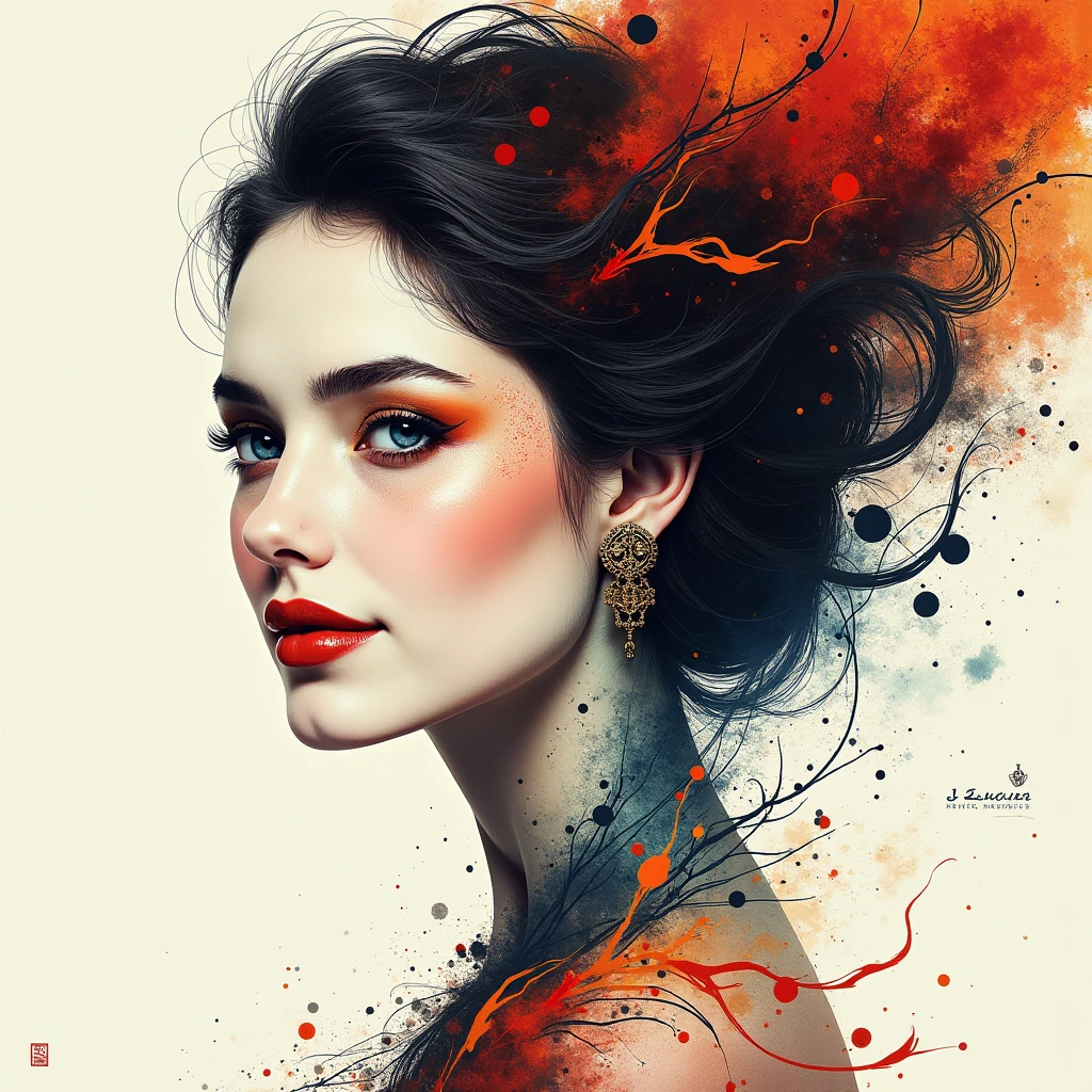 INK SCRATCHES THAT REMOVE FIBERS OF COLOR, WOMAN'S expression SMILE, exaggeration, Elegant character, ink, sign, , ink stain, ink stain.