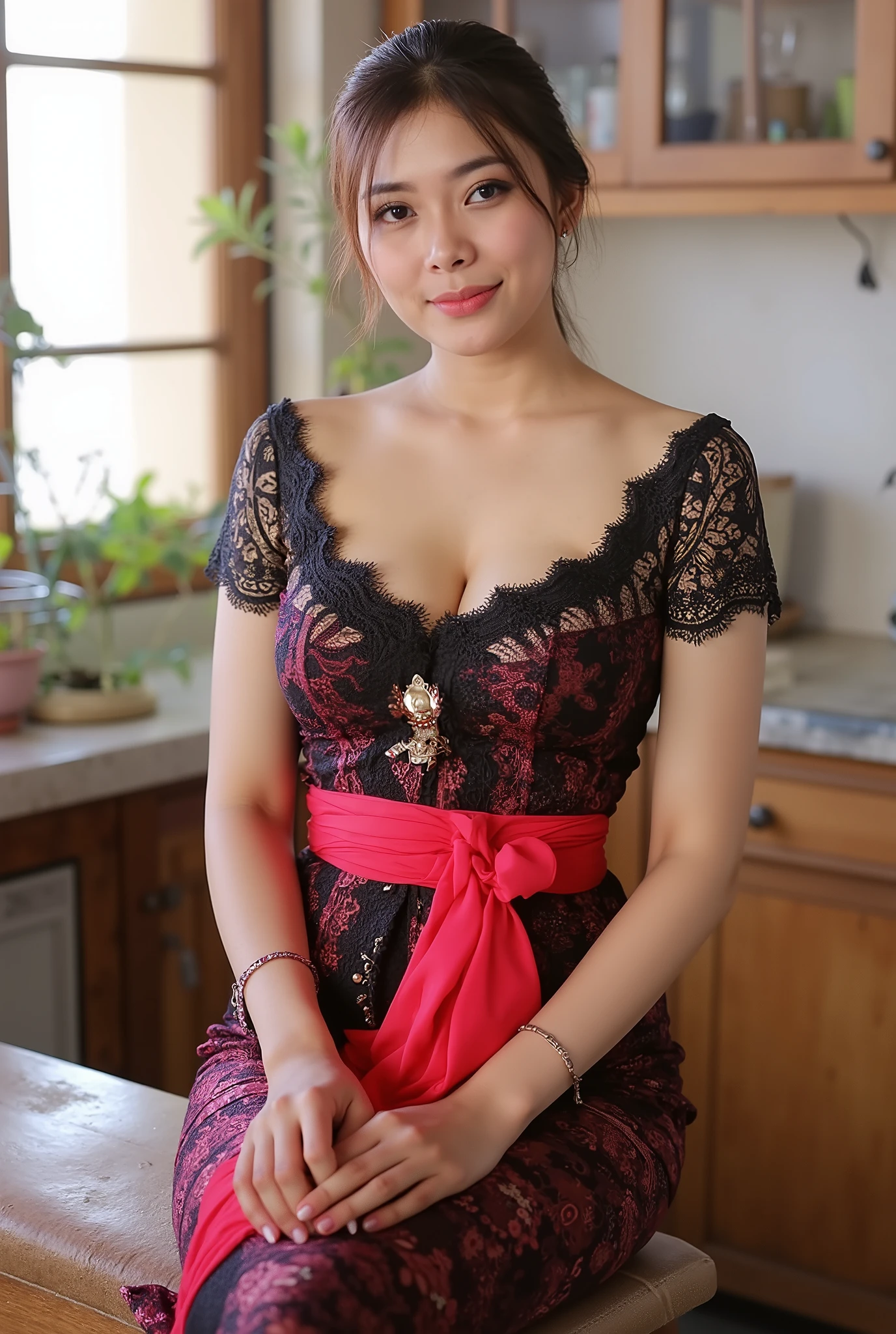 A beautiful and charming Indonesian maid who is cleaning the kitchen is wearing leggings, (( charming camel toe detail:1.3)),Micro T String , ( bold and exaggerated streamlined skirt ), (Black and red fabric :1.4), lace tulle maid outfit :1.2, beautiful round chest , Protruding nipples ,Wearing thong panties , ( ( Alphonse Mucha ) clean line pattern 1 .5), ( shows off your round hips ), Smile:1.3 ,Her lower body hair is revealed from the side of her panties, big breast (1:1.5), she posed doggy style showing her breast, very thight skirt, ((transparent cloth)), wet hair, sit on chair