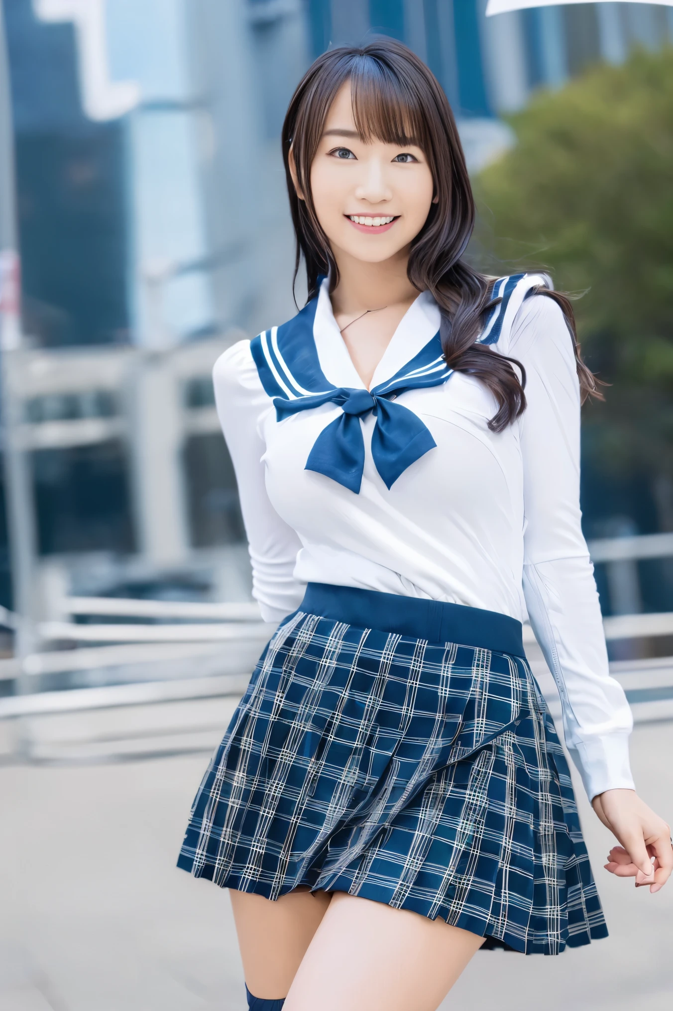(8k, Ultra High Resolution, top quality, Masterpiece, is present, Ultra High Resolution, high quality RAW color photo with the whole body lying down, pro pics, is present, is present), natural skin texture, fine skin, hyperrealism, complicated details, adult female,Eye Enhancement. lip gloss, glossy lips,( cute smile, medium hair, dark blond hair ,bangs),(((Big Breasts, big breasted with a cross eye))),( sailor suit,), Azure plaid pleated mini skirt, tie),Urban Department,((((Wind blowing skirt, Fluttering Skirt , punch))))
