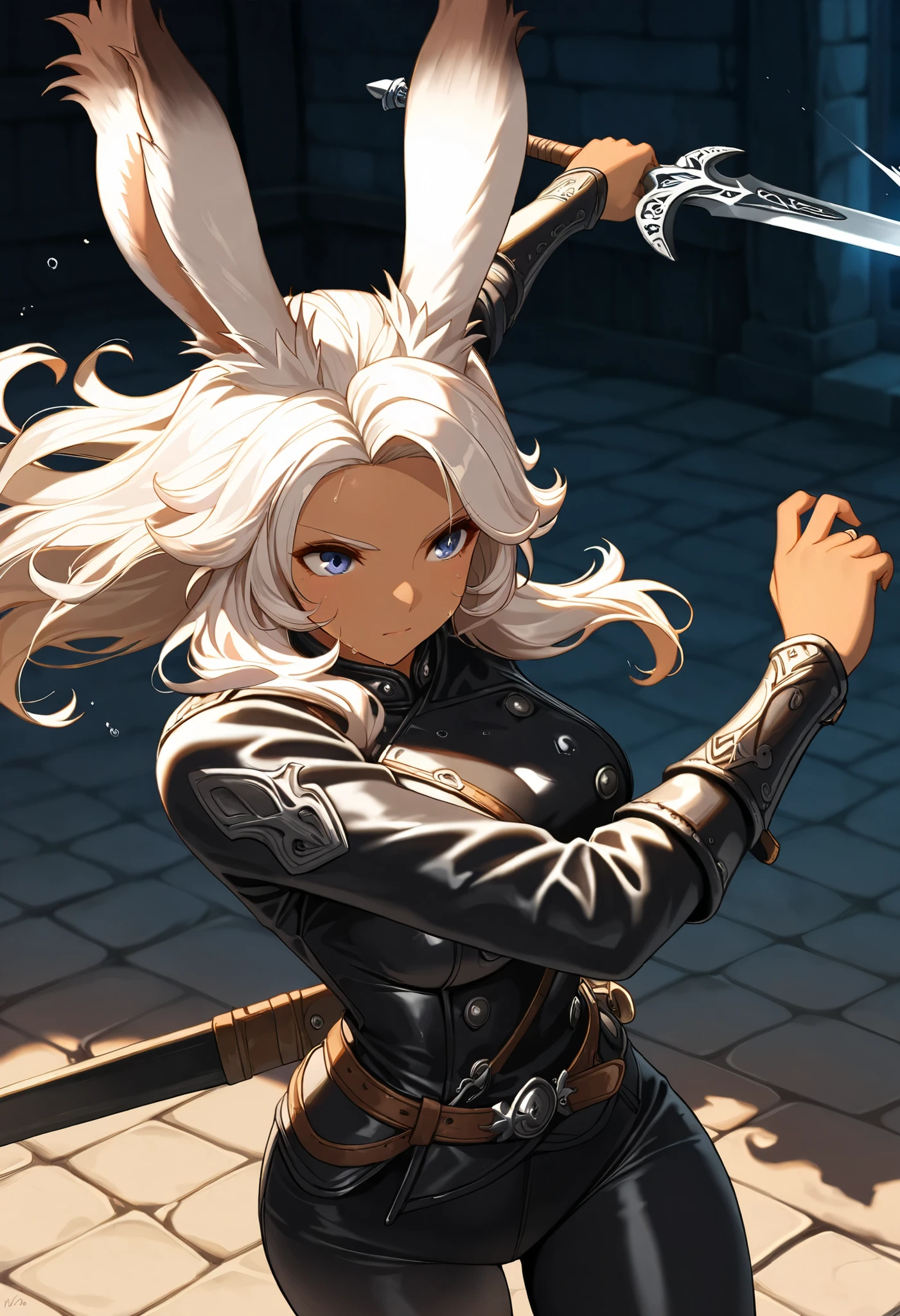 Bunny wearing a black cloak with golden symbol on her chest ,  golden eyes and white fur with a weapon on her hand