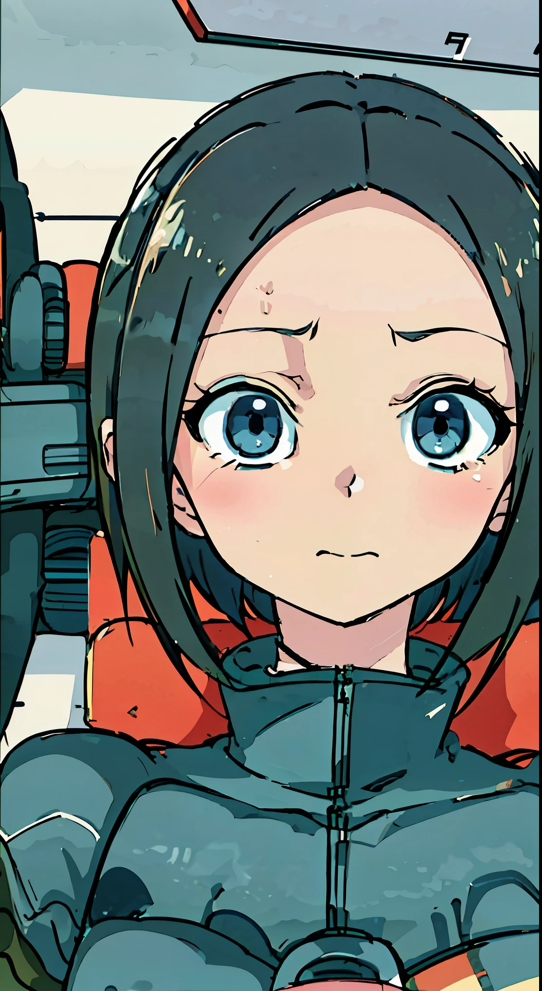   Max image   , Unresolved Details ,   Ultra High Resolution, (  realism: 1.4),   Best Illustration  ,  cute girl ,   A Very Condensed Girl , Second Lieutenant Komori  （Gundam　Zeke Axe）  ,  soldier、Forehead、There is a person in the background wearing a 、 black hair 、 short hair 、 very short hair、  ベリー short hair 、Blue eyeshadow、blue eyeshadow  、 とてもとても big eyes、There is a mole under the eye that is too attractive 、Tears、Mole under left eye、Teardrop、左目の下にTeardrop、 blue eyes、青い big eyes、   very big breasts   （ big breasted with a cross eye：9.9）、Blue Eyeball、 Blue Eyeball、  big eyes、   has direction control  ,   wearing a green military uniform,   pilot suit that shows up a big deco、 Highly Illuminated Scene in a Futuristic City .smile、満面のsmile、恋人に見せるsmile、Zeon military uniform