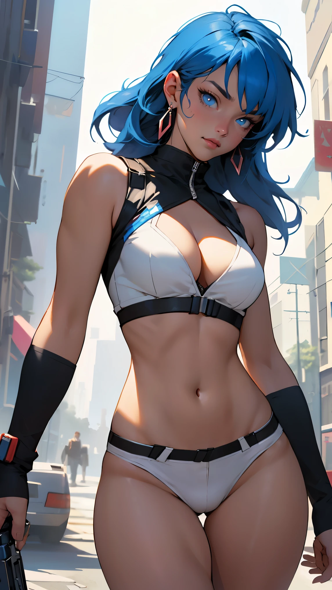 ((Masterpiece, highest quality; 1.3)), super quality, beautiful detail, super detailed, extra fine, 16K, exquisite, absurd, high resolution, beautiful background, detailed background, beautiful eyes, beautiful skin, anime style, dirtypairyuri, Dirty Pair Yuri in a skimpy white outfit, long blue hair, blue eyes, earrings, white uniform, white crop top, cutout, sleeveless, wearing tight clothing, skimpy, (breasts: 1.2), cleavage, cleavage, , obliques, fit arms, slim waist, ((wide hips)), fit thighs, (thigh gap), showing stomach, (skinny frame), wide hips, cyberpunk city background, holding a retro space gun