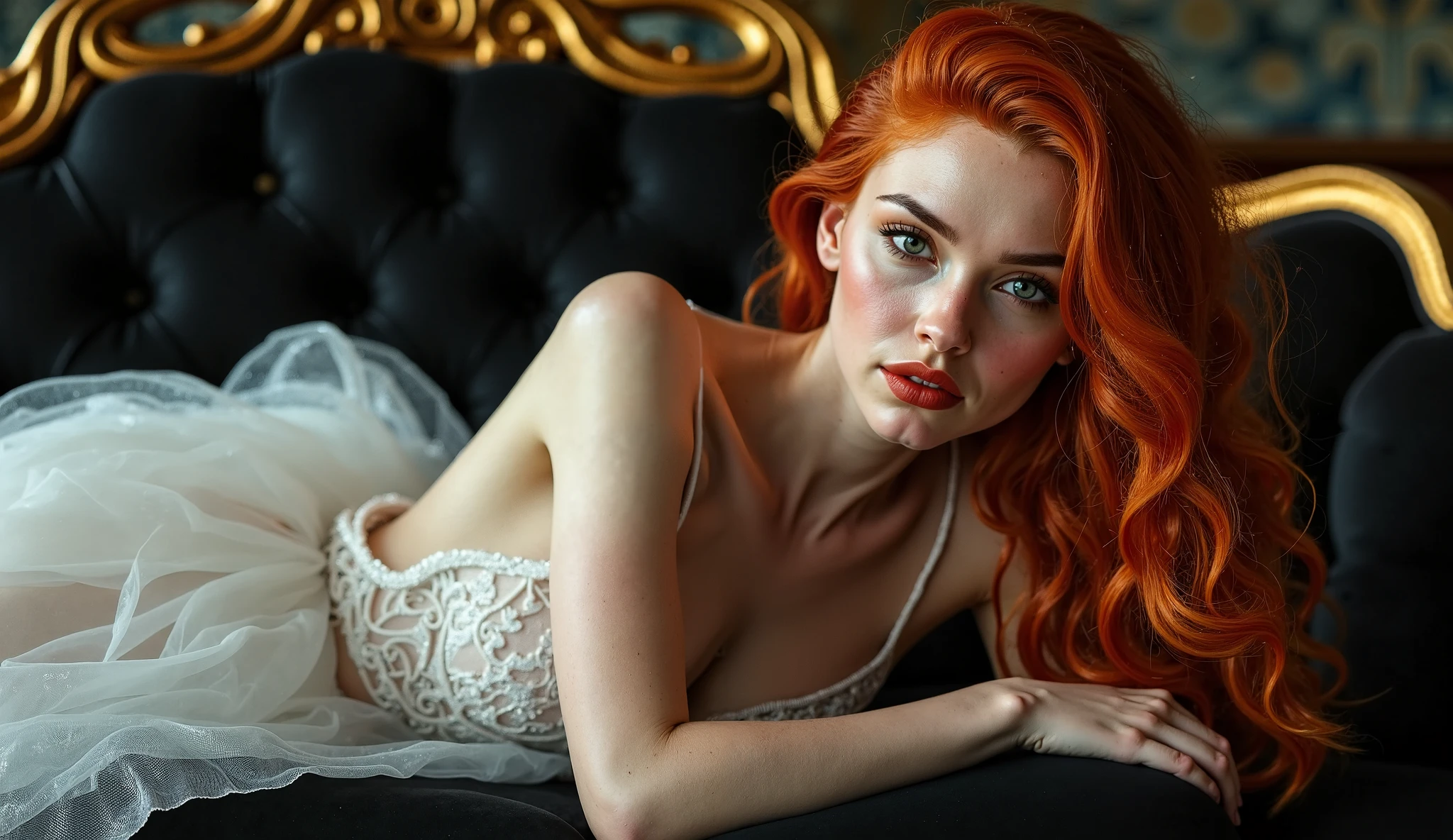 redhead woman ,very long hair down to the knees ,pale ,green eyes ,Red lips ,Bulging breasts ,thin but with wide thighs and wide hips ,She is with a half-naked baby folk lying on a silk bed ,Everything around her is elegant because she is a queen and lives luxuriously. .