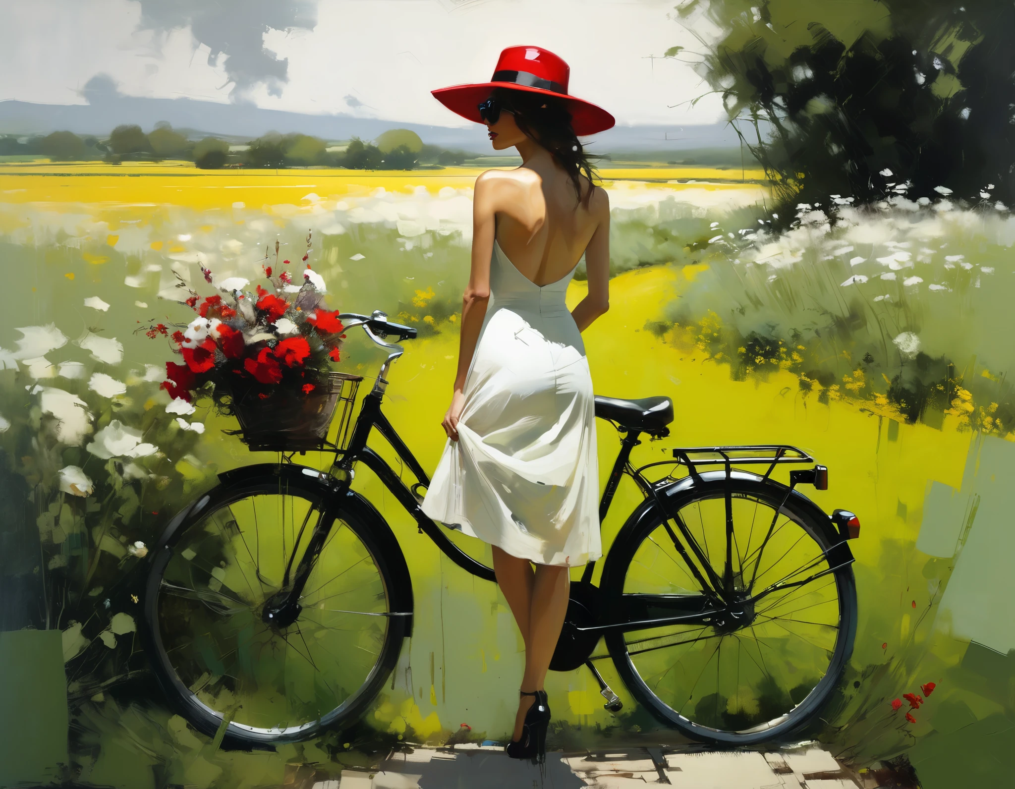 (photorealism:1.2), A woman with a short haircut, typical of the time, is standing directly in front of a classic bicycle. An umbrella hangs from the handlebars of a bicycle. She wears a long white pleated skirt that falls elegantly to her ankles.. A hand is resting on the bike, while the other hand, Down, holds a cigarette. The scene takes place on a dirt road, with an open grassy field in the background. The whole set is in sepia tones, with an old filter that evokes a vintage photograph.