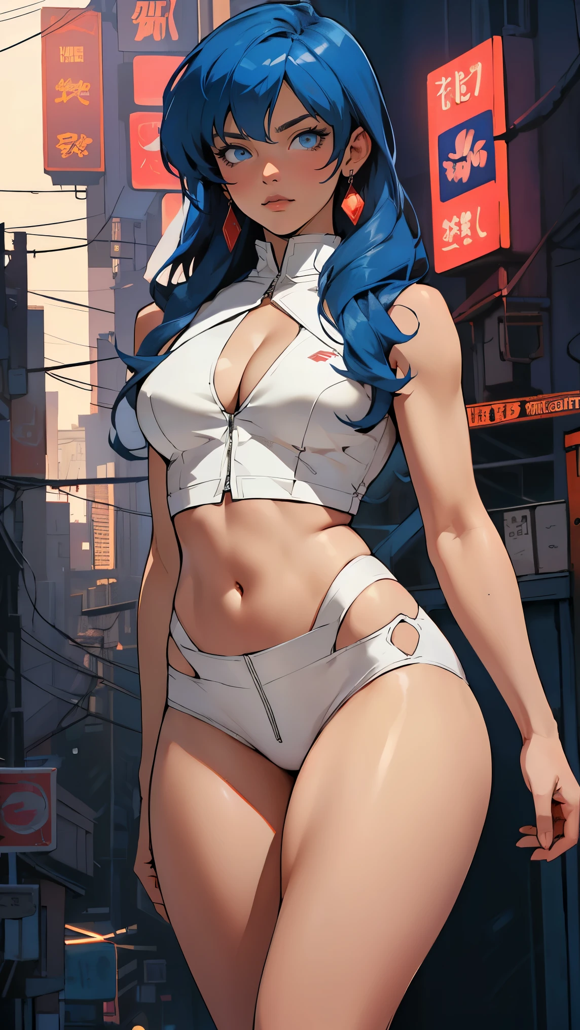 ultra-realistic, extremely detailed CG unity 8k wallpaper, best quality, fine detailed, highres, colorful, intricate detail, ray tracing, Depth of field, beautiful detailed eyes, detail hair, ((masterpiece, best quality)),(detailed skin), ((detailed facial features)), fine detailed, highres, colorful, intricate detail, (sharp outline), cinematic shadows, unparalleled masterpiece, absurdres, extraordinary, incredible, exquisite, sensational, perfect artwork, perfect female figure, perfect anatomy, ultra anatomy, {1girl, kusanagi motoko, an extremely beautiful 30-year-old mature female, large breasts, perfect shiny skin, flawless skin}, solo, near-future city, <lora:ghostInTheShell_60Images:0.7>,
