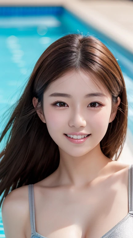 (best qualtiy，4K：1.3），hyper realisitic，(Colossal tits: 1.2),　Cheerful woman ，１Man Woman, dark brown hair、sitting on,　A refreshing smile、 poolparty，Detailed eyes，二重まぶた，Sensual dress with low collar,hanging breasted,Super Detailed Face，Detailed lips