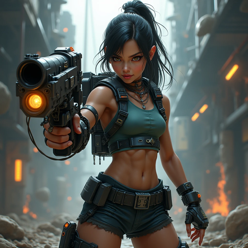 motor irreal:1.4,CG ultra realista 64K, fotorrealista:1.4, textura de la piel:1.4, obra 1girl wearing bikini ,gatling gun, shell casing, looking at viewer, bangs, ammunition belt, gloves,saggy breasts,firing,In the picture, a beautiful girl wearing bikini with long hair with black messy hair appears,s delicate face,Wearing a bikini metal,standing on ruins,The action of a woman holding a heavy sniper rifle in her hand