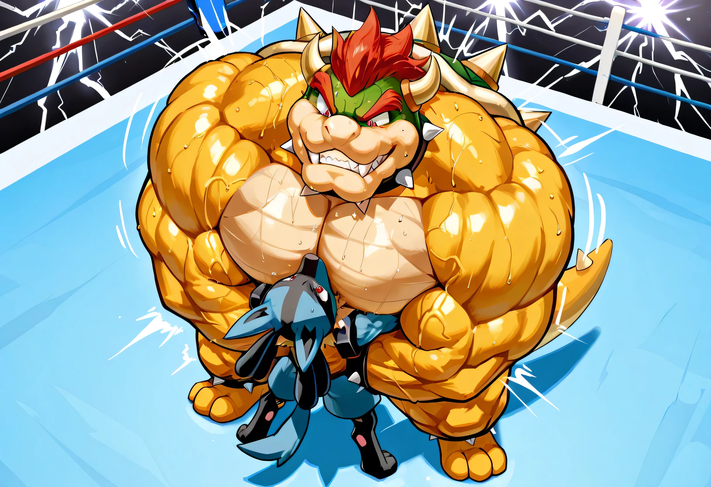 Two male fighters(Bowser vs Bowser, handsomes, perfect eyes, Thick eyebrows), gay(kneeling, holding from behind, on a MMA match), hot(Both are Shirtless, full body, bulges), handsomes(They are handsomes, correct anatomy), musculosos(Big muscle bodies, Six packs, muscle abs, big pecs, muscle backs), sweaty(very sweaty wet bodies, shiny sweat), tatuajes(they have tattoos), Angry(They have an angry expression),MMA gloves(They both are wearing red MMA gloves), MMA boxers(both are wearing Black boxers), Hight resolution